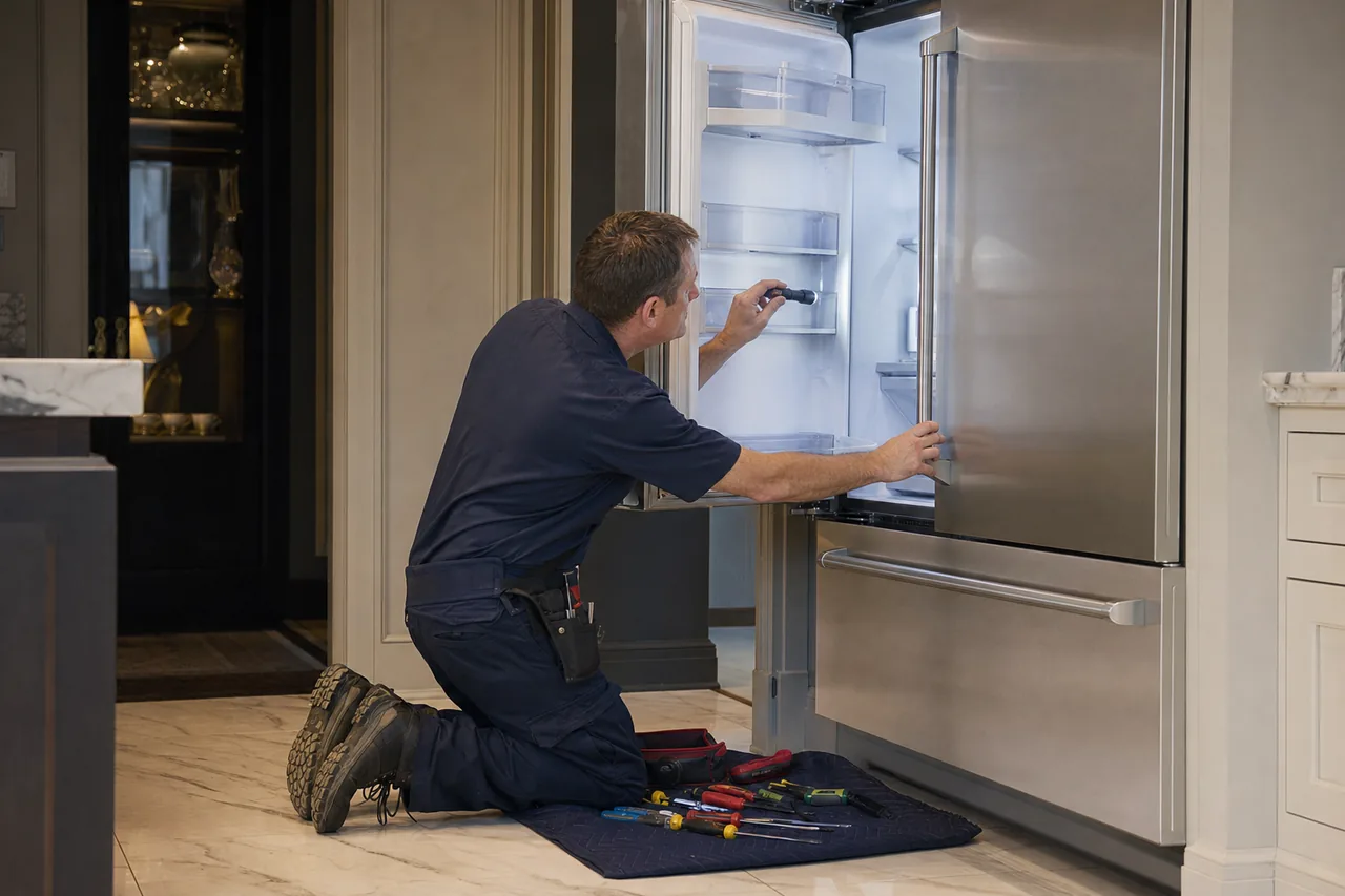 Technician repairing a built-in refrigerator