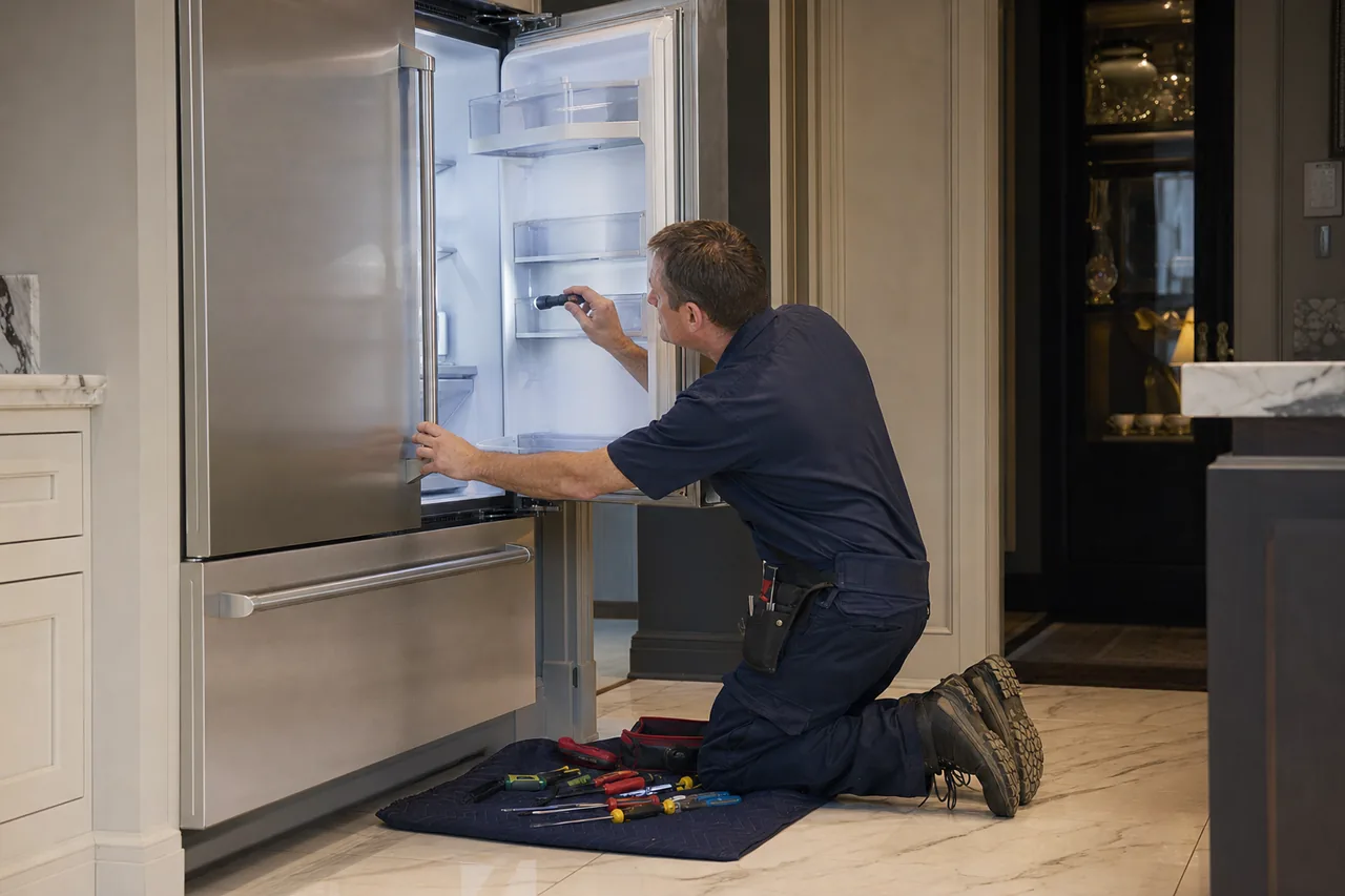 Technician repairing a built-in refrigerator up close