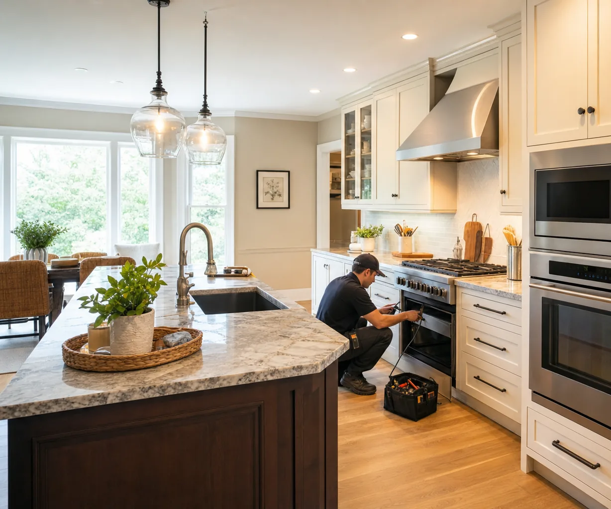 A luxury kitchen with built-in stainless appliances up close
