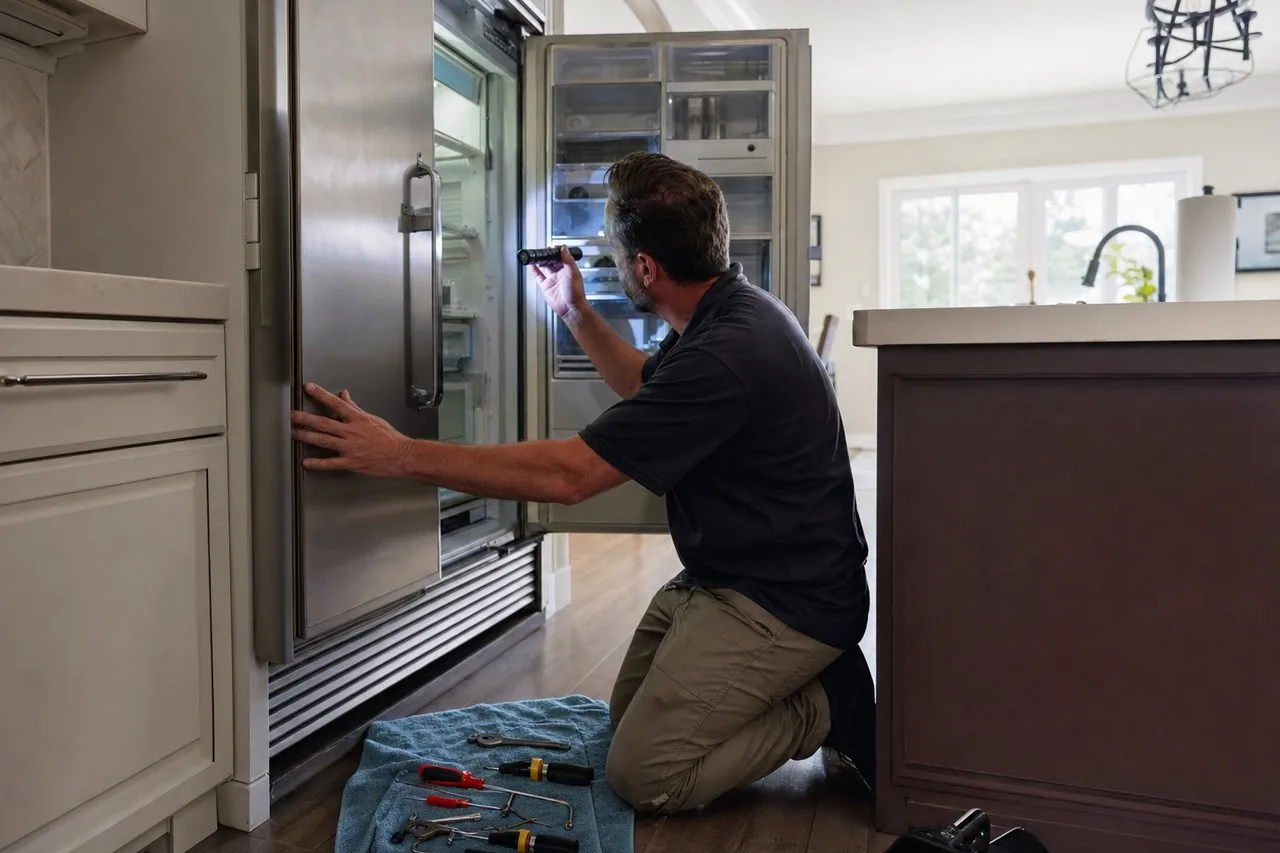 Technician repairing a built-in Sub-Zero refrigerator in a Sands Point kitchen