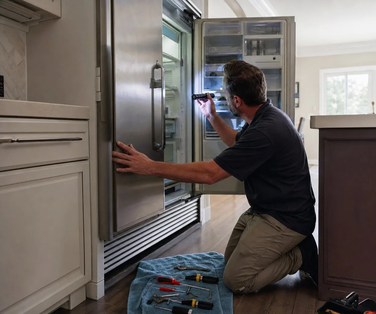 Technician repairing a built-in Sub-Zero refrigerator up close