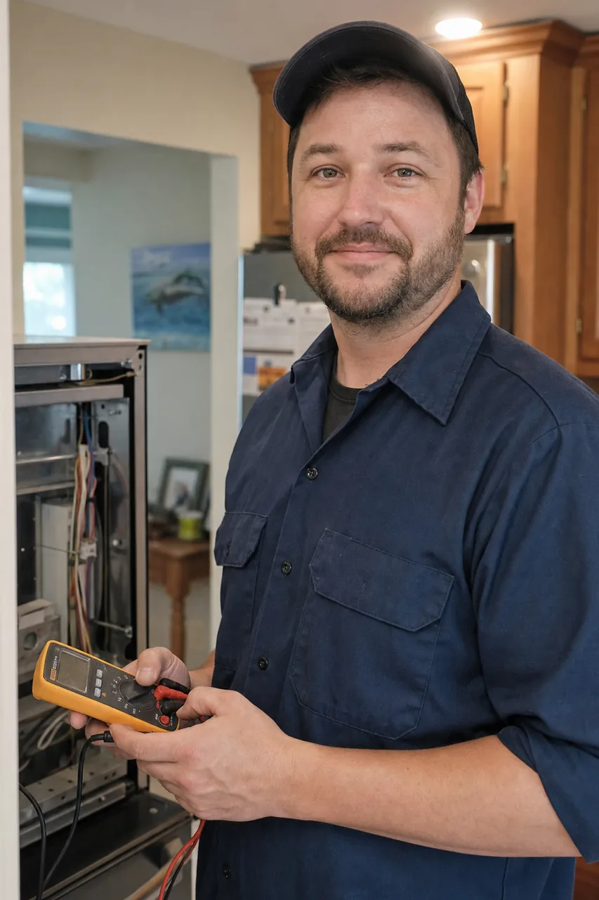 An appliance repair technician in a Sands Point kitchen holding a multimeter